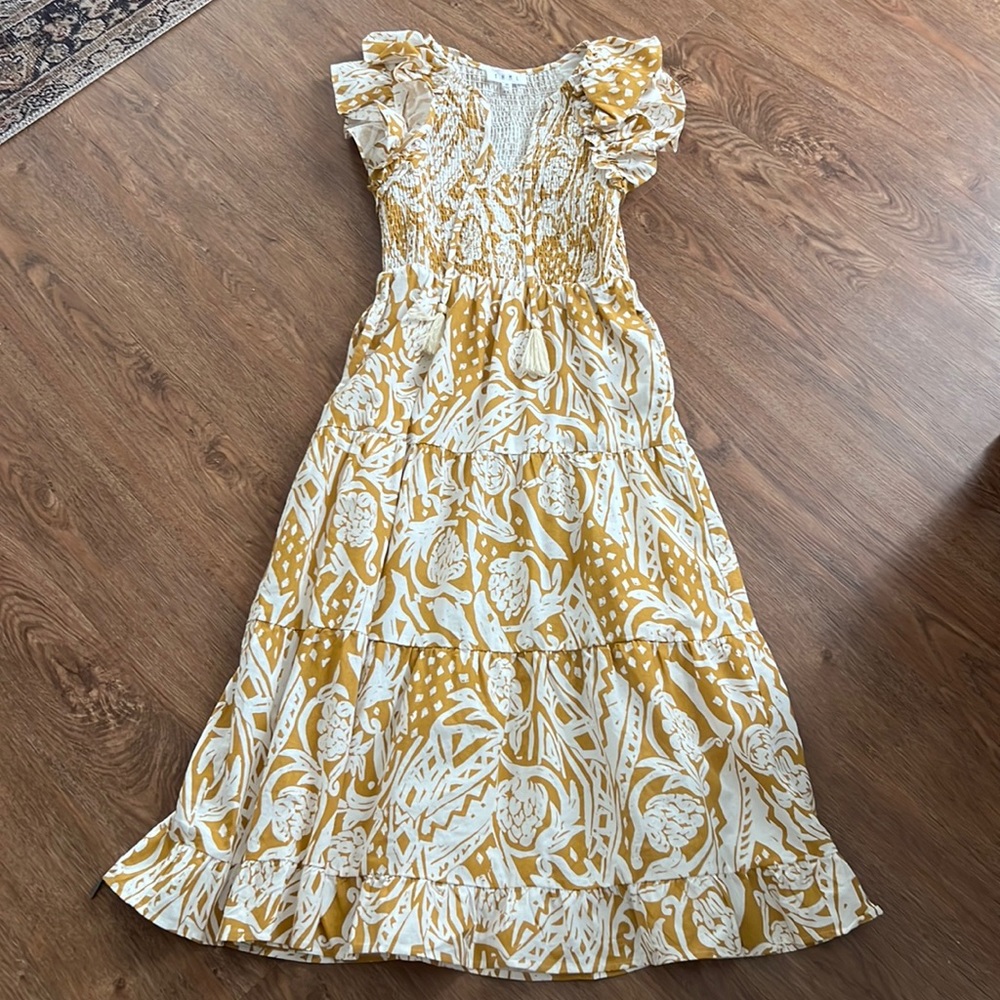 THML Ruffled shoulder mustard long tiered dress